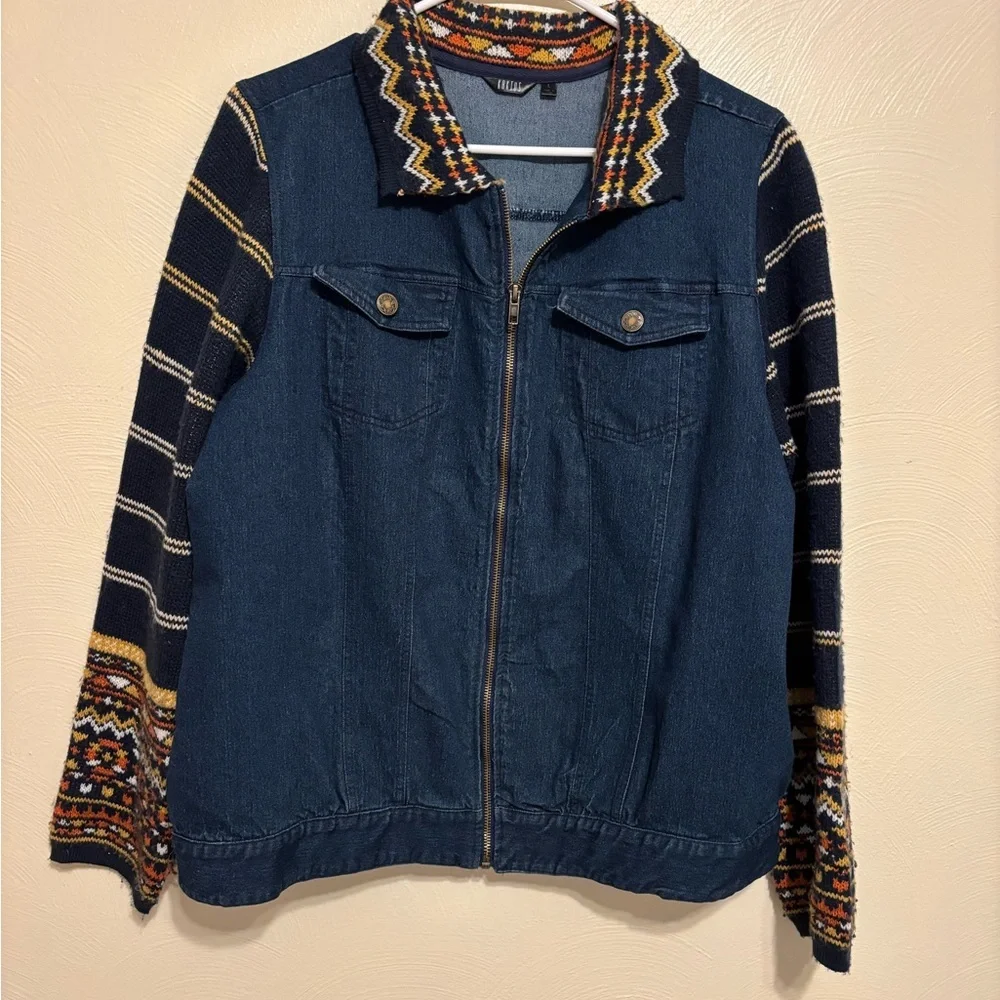 Kaktus Denim Jacket Aztec Knit Sleeve Southwestern Boho Zip Jacket Size L